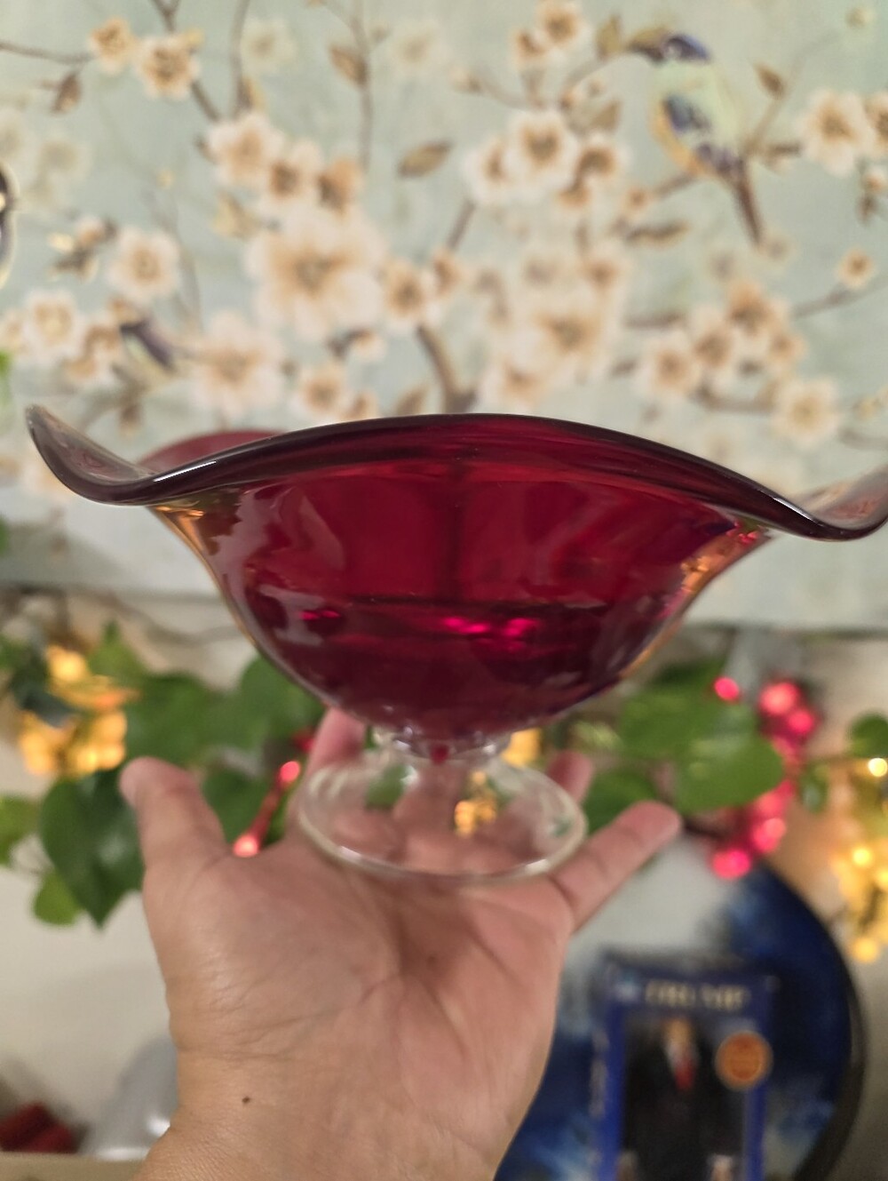 Deep Ruby Glass Pedestal Bowl - Decorative Home Art